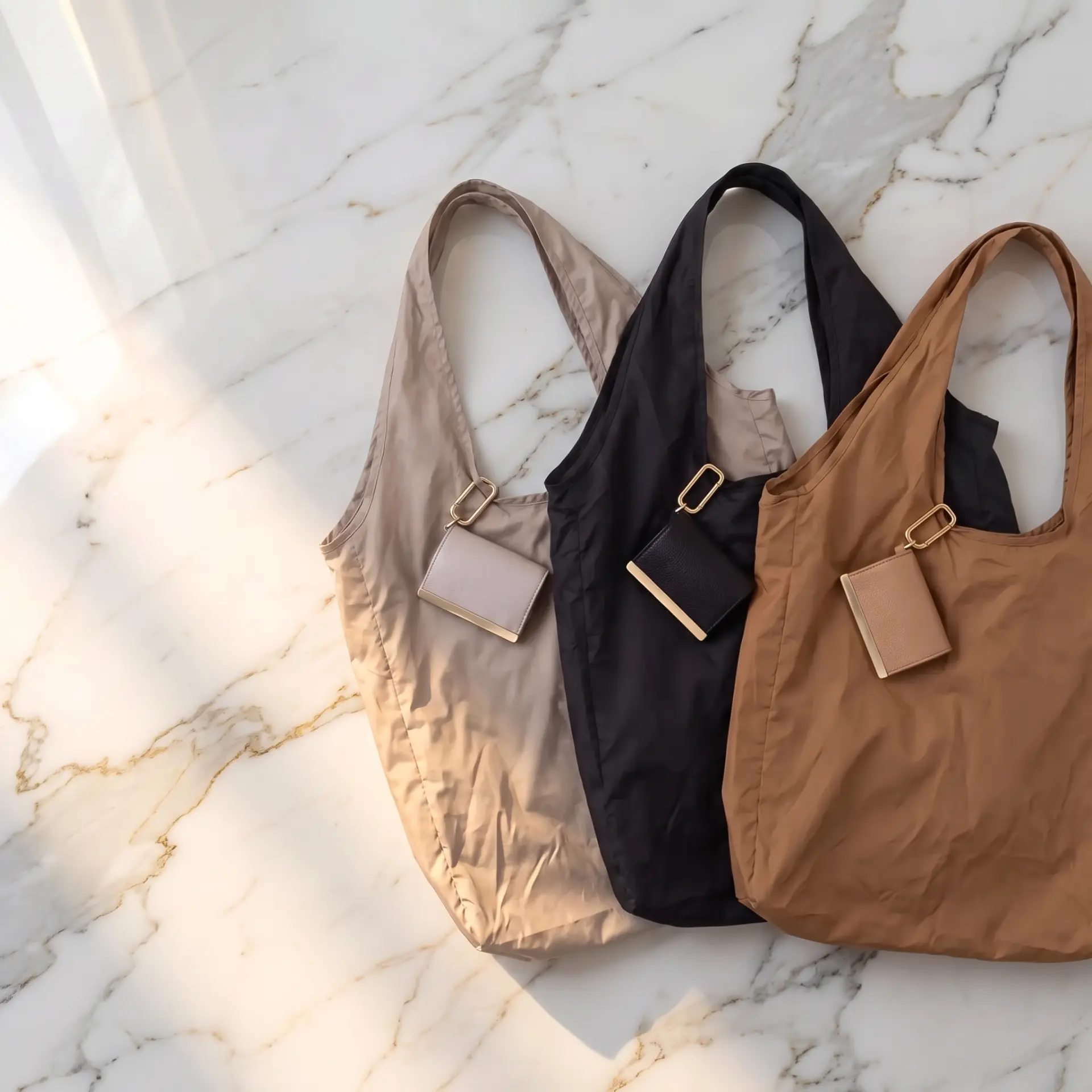 Three cliqué totes in stone, black and tan laid on marble with their pouches